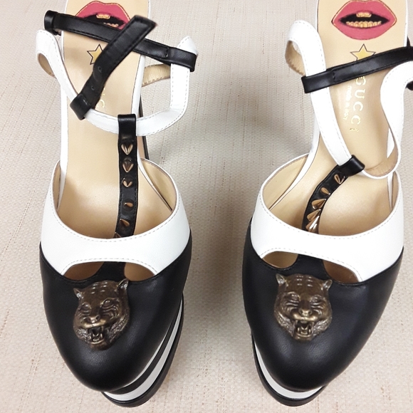 Gucci Shoes - Gucci Lion Spike Black White Striped Heels 42 12